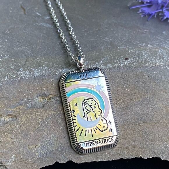 Empress Silver Tarot Card Non Tarnish Enamel and Stainless Steel Boho Necklace - Picture 6 of 8